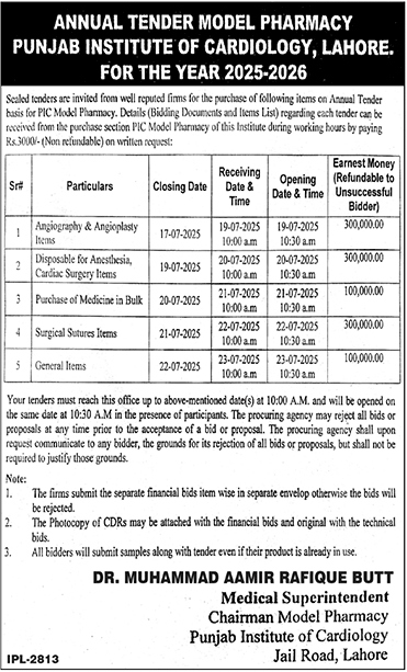 Punjab Institute of Cardiology Lahore Tender Notice